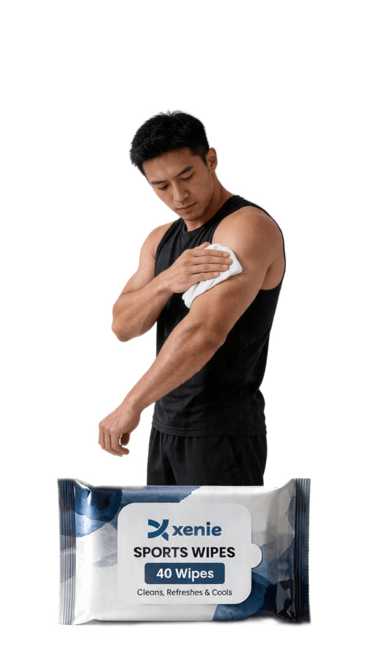 A man wiping his arm clean with a Xenie wipe after a workout